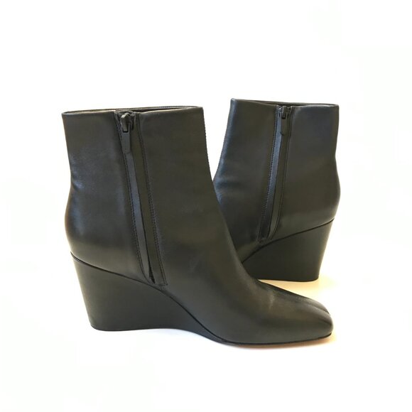 NEW Vince Andy Leather Wedge Ankle Booties Boots Womens 37 7 Black Square Toe - Picture 6 of 10